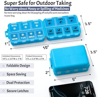 Foldable Portable 7 Day Pill Organizer 2 Times a Day, AM PM Weekly Pill Box