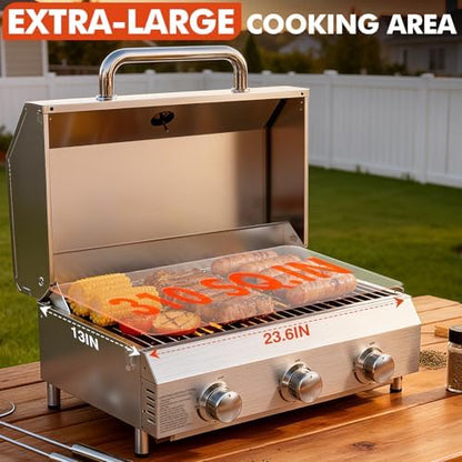 Llamaviva 3 Burner Gas Propane Grill with Dual Fuel Adapter,22500 BTU Stainless Steel Tabletop Portable Grill for Outdoor Barbecue Camping Cooking RV