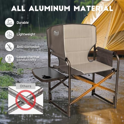 Timber Ridge Aluminum Oversized Camping Chair, Lightweight Portable Directors Chair with Side Table Detachable Side Pocket for Outdoor Camping, Lawn, Picnic, Support 400lbs Tan