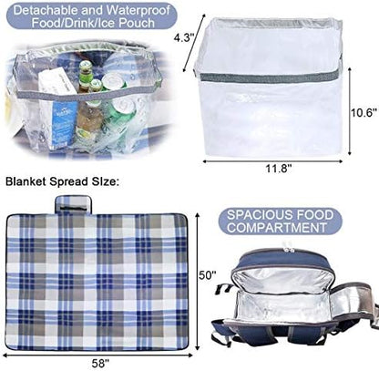 Sunflora Picnic Backpack for 4 Person Set Pack with Insulated Waterproof Pouch for Family Outdoor Camping (Navy Blue)