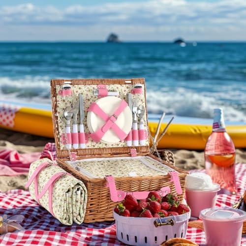 Wicker Picnic Basket for 4 with Waterproof Picnic Blanket Pink