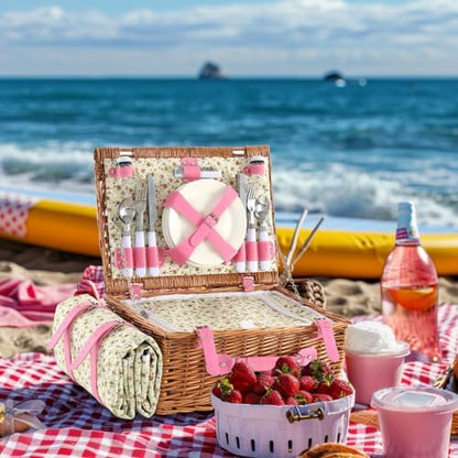 Wicker Picnic Basket for 4 with Waterproof Picnic Blanket Pink