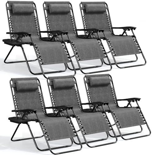 Nestl Zero Gravity Chairs Set of 6, Patio Lounge Chair Outdoor with Pillows & Cup Holder Trays, Adjustable Steel Mesh Reclining Camping Chair, Folding Patio Lawn Chair for Deck, Beach, Yard - Grey