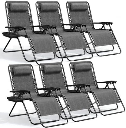 Nestl Zero Gravity Chairs Set of 6, Patio Lounge Chair Outdoor with Pillows & Cup Holder Trays, Adjustable Steel Mesh Reclining Camping Chair, Folding Patio Lawn Chair for Deck, Beach, Yard - Grey