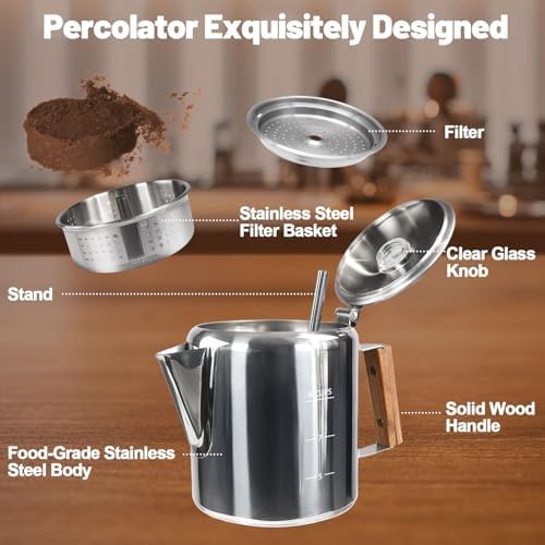 9 Cup Percolator 304 Stainless Steel Coffee Pot Coffee Maker Coffee Machine with Solid Wood Handle Transparent Knob Stovetop Greca Mocha for Induction Home and Camping 1500ml 50.7oz
