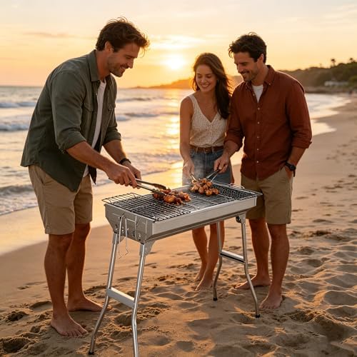 Portable Charcoal BBQ Grill, Foldable Smoker Tall Barbecue Grill Charcoal Outdoor Lightweight for Cooking Camping Hiking Picnics Tailgating Backpacking Garden Beach Party (27.5"L x 27.9"H)