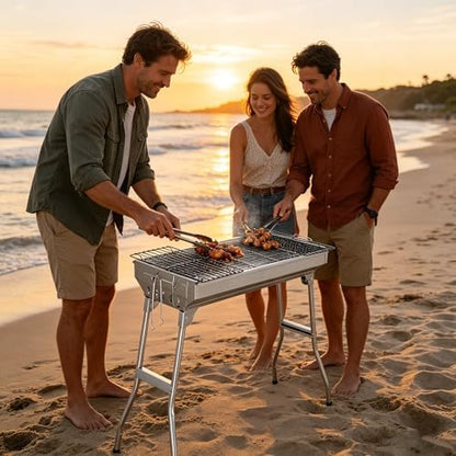 Portable Charcoal BBQ Grill, Foldable Smoker Tall Barbecue Grill Charcoal Outdoor Lightweight for Cooking Camping Hiking Picnics Tailgating Backpacking Garden Beach Party (27.5"L x 27.9"H)