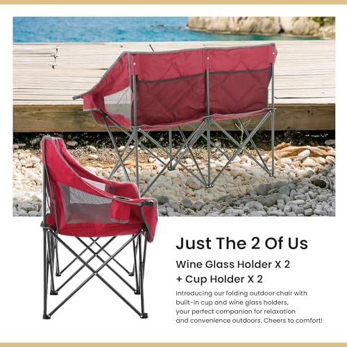 ARROWHEAD OUTDOOR Portable Folding Double Duo Camping Chair Loveseat w/ 2 Cup & Wine Glass Holder, Carrying Bag, Supports up to 500lbs