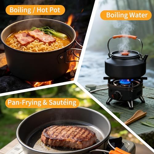 Collapsible Camping Cookware Set, Portable 4-in-1 Outdoor Camping pots and Pans Set with Nonstick Frypan, Pot, Kettle & Carry Bag, Hard-Anodized Aluminum for Camping, Hiking (2-6 Person)