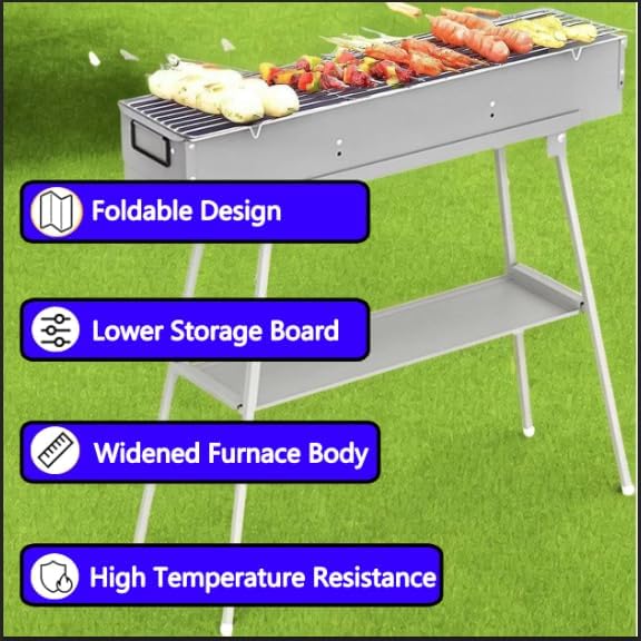 Portable Charcoal Grills, Alloy Steel BBQ Grill with Foldable Stand Adjustable Air Vents, Kebab Skewer BBQ Barbecue Grill Kit for Garden Backyard Party Picnic Travel Outdoor Use (31.6x7.1inch)