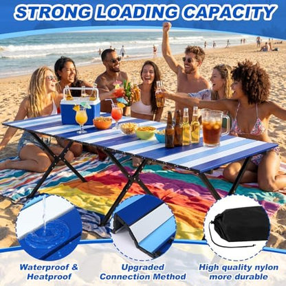 CroBlissful Beach Table Folding Camping Portable Table Striped White Aluminum Side with Carry Bag for Summer Camping Picnics and Outdoor Activities(48x24x18 in,Navy Blue)