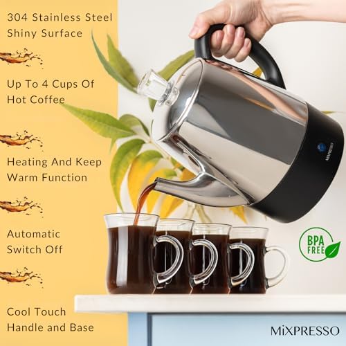 Mixpresso 4 Cup Small Electric Percolator Coffee Pot, Stainless Steel
