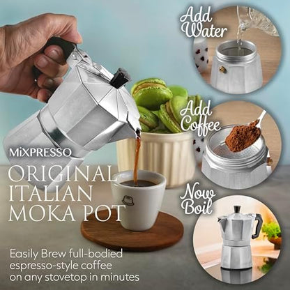 Mixpresso 3 Cup Moka Pot Stovetop Espresso Maker, Italian Cuban Coffee Pot