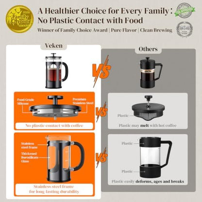 Veken French Press Coffee Maker, No Plastic Touching Cafe,34oz 1 L Cafetera