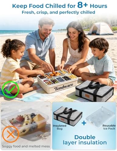 Chilled Snackle Box Container with Ice Pack, Divided Tray with Clear Lid & Bag, 8+Hrs Cooling, Beach Road Trip Essential for Family, Travel Snack Container for Picnic Camping Tailgate, Gifts for Women