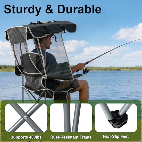 Romswi Large Folding Canopy Camping Chairs for Adult 2 Pack, Portable Outdoor Chairs with Sunshade,Cup Holder & Side Pocket for Camping, Fishing, Beach, Backyard, Black