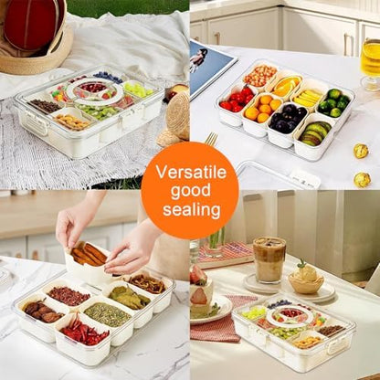 Snackle Box Container, Divided Serving Tray with Lid and Handle, 8 Compartment Portable Snack Box Containers, Clear Storage Organizer for Fruit Candy Nuts Veggie, Perfect for Road Travel Party