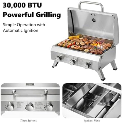 Bonnlo 3 Burner Portable Gas Grill, 30,000 BTU Tabletop Camping Grill with Ignition & Lockable Lid, Stainless Steel Propane Grill with Foldable Legs & Thermometer for Outdoor Patio BBQ RV Use