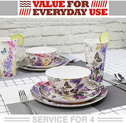 Melamine Dinnerware Set for 4-16 Pcs:Camping Dishes Set with Dinner Plates,Salad Plates,Cups and Bowls.Lightweight and Unbreakable.Indoor and Outdoor Use.