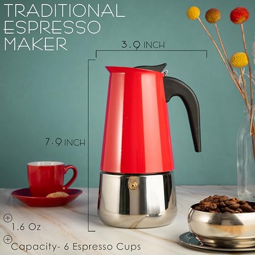 Mixpresso 6 Cup Greca Moka Pot Red Stainless Steel Stovetop Espresso Maker
