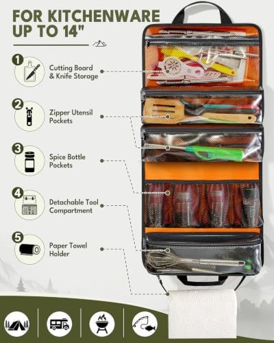 HODRANT Camping Roll Bag, Hanging Camp Kitchen Organizer with Multi Pockets
