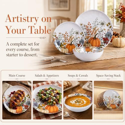 12pcs Melamine Dinnerware Set - Fall Pumpkin Plates and Bowls for RV