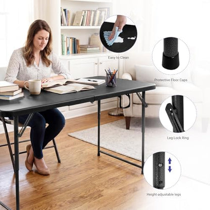 Folding Table 4 Foot, Adjustable Height Plastic Fold-in-Half Table, Black