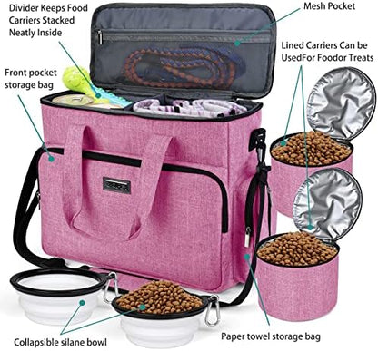 BAGLHER Dog Travel Bag, Pet Travel Bag (ALL Pet Travel Supplies), With 2 Pet Food Containers and 2 Collapsible Silicone Bowls; Essential Kits for Pet Travel Pink