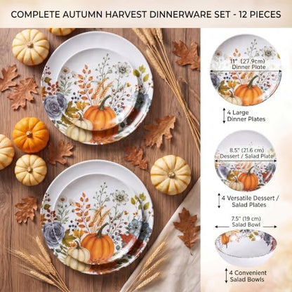 12pcs Melamine Dinnerware Set - Fall Pumpkin Plates and Bowls for RV