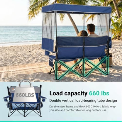 Overmont Camping Chair with Canopy- Folding Double Loveseat Chair with Adjustable Shade