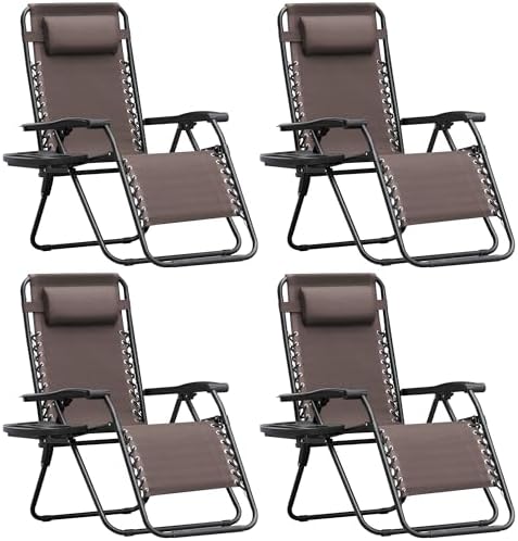 Homall Zero Gravity Chair Patio Folding Lawn Outdoor Lounge Gravity Camp Reclining Lounge Chair with Cup Holder Pillows for Poolside Backyard and Beach Set of 4 (Brown)