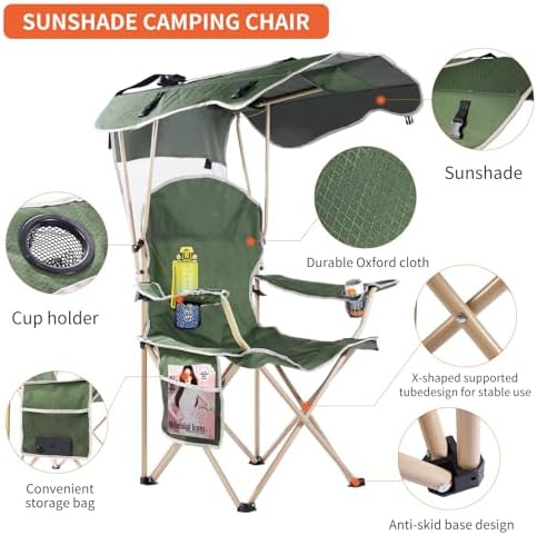 VTOY Portable Folding Camping Chair with Canopy, Outdoor Sun Shade Chair