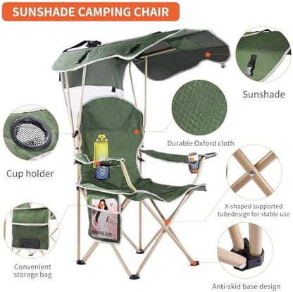 VTOY Portable Folding Camping Chair with Canopy, Outdoor Sun Shade Chair