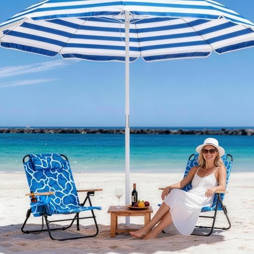 2 Pack Premium 5-Position Reclining Camping Chair Portable Folding Lightweight Outdoor Chair with Wooden Armrests, Headrest & Pockets, 350lbs Heavy Duty for Beach, Patio, Ocean Wave Blue