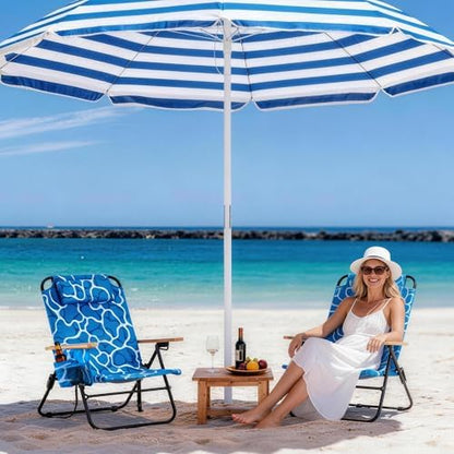 2 Pack Premium 5-Position Reclining Camping Chair Portable Folding Lightweight Outdoor Chair with Wooden Armrests, Headrest & Pockets, 350lbs Heavy Duty for Beach, Patio, Ocean Wave Blue