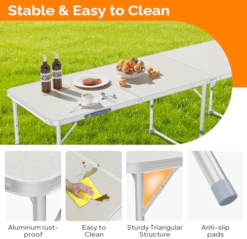VINGLI 6ft Folding Camping Table with Carry Handle,Portable Utility Table Multipurpose for Party Picnic Tailgating Outdoor Patio Garden Indoor Kitchen …
