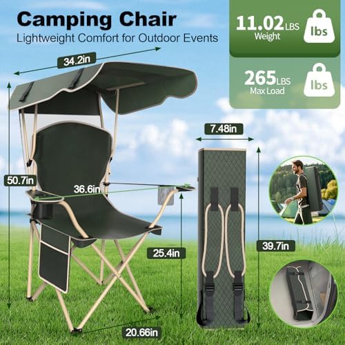 VTOY Portable Folding Camping Chair with Canopy, Outdoor Sun Shade Chair