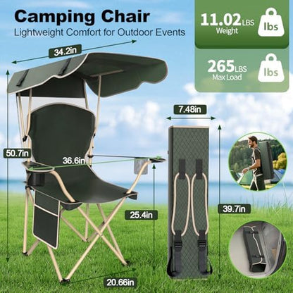VTOY Portable Folding Camping Chair with Canopy, Outdoor Sun Shade Chair