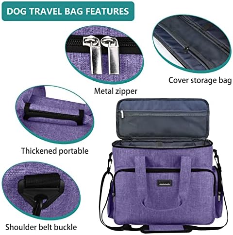 BAGLHER Dog Travel Bag, Airline Approved Pet Tote Organizer with Multi-Function Pockets, 2 X Food Storage Containers and 2 X Collapsible Bowls, Perfect Weekend Pet Travel Set for Dog, Cat Purple