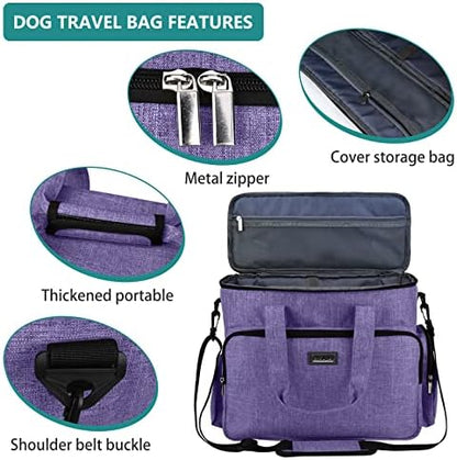BAGLHER Dog Travel Bag, Airline Approved Pet Tote Organizer with Multi-Function Pockets, 2 X Food Storage Containers and 2 X Collapsible Bowls, Perfect Weekend Pet Travel Set for Dog, Cat Purple