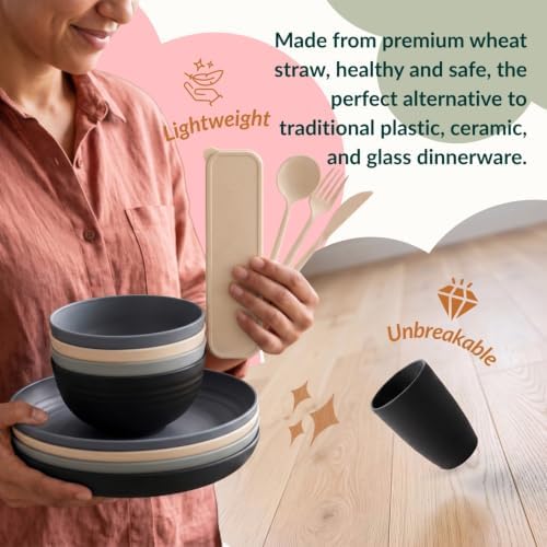 Homienly 28 Pcs Wheat Straw Dishes Sets Plates and Bowls Sets With Utensils