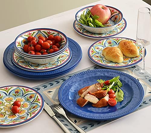 Retro Style Melamine Dinnerware Sets, 12Pcs Durable Plates and Bowls for 4