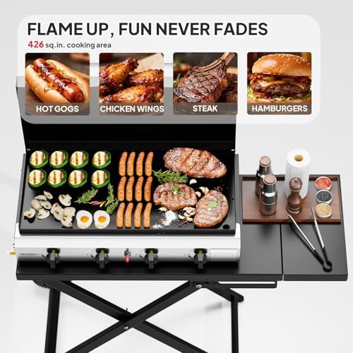 ROVSUN 4 Burner Foldable Propane Griddle with Wheels, Enameled Tray & Lid, 40000 BTU Portable Rolling Flat Top Gas Grill with Electronic Ignition & Regulator for Outdoor Cooking Camping BBQ Tailgating