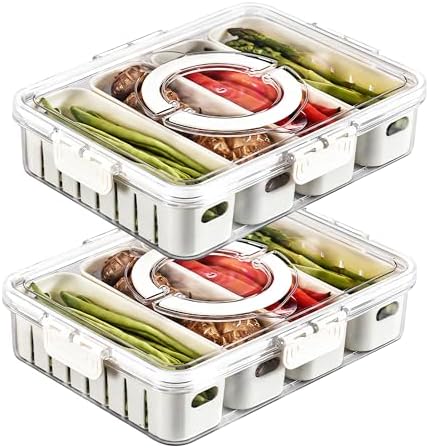 2Pack Divided Veggie Tray with Lid and Handle 4 Compartment Serving Tray with Dividers Portable Travel Snack Storage Containers Stackable Snackle Box Charcuterie Container for Fruit,Vegetable,Salad