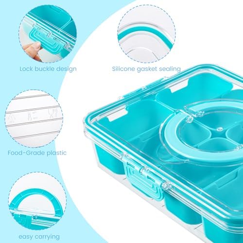 Dingerjar Divided Serving Tray with Lid and Handle - Snackle Box Charcuterie Container for Portable Snack Platters Organizer for Candy, Fruits, Nuts, Snacks - Perfect for Party, Entertaining, Orange