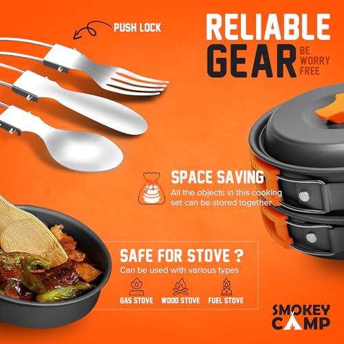 Smokey Camp Camping Cookware Mess Kit Set with Stove - Backpacking Camping Pots and Pans Set, All in One Non-Stick Camping Cooking Set, Portable Stove, Hiking, Picnic, Outdoor & Camping Cookware Set