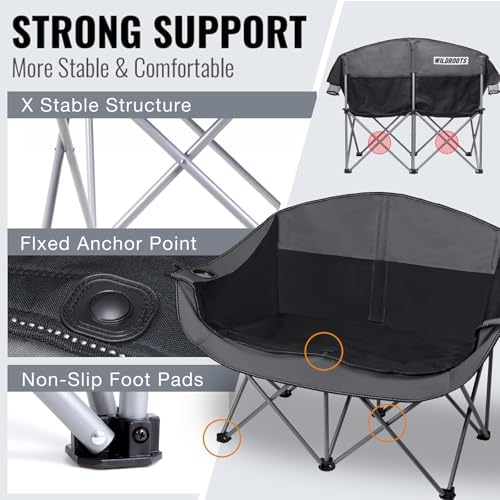Double Camping Chair Heavy Duty 600LBS 2 Person Loveseat w 2 Cup Holders