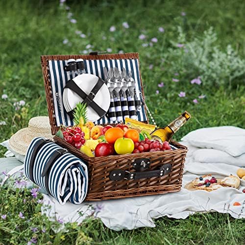 Wicker Picnic Basket for 4 with Blanket and Insulated Cooler