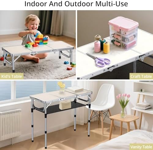 Anbte 3ft Folding Camping Table, 3 Adjustable Height Max 27.5", Silver