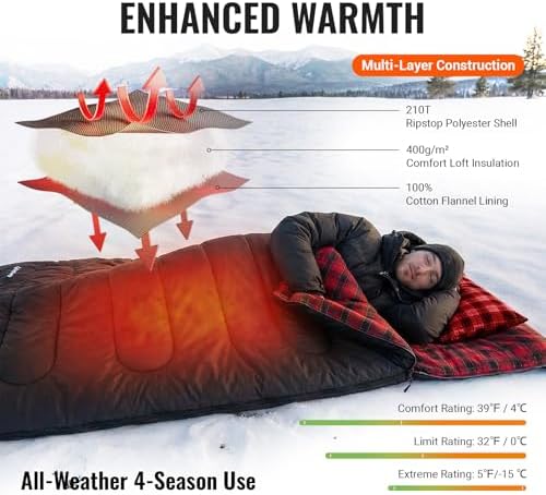 KingCamp Sleeping Bag for Adults, 100% Flannel XL Big and Tall